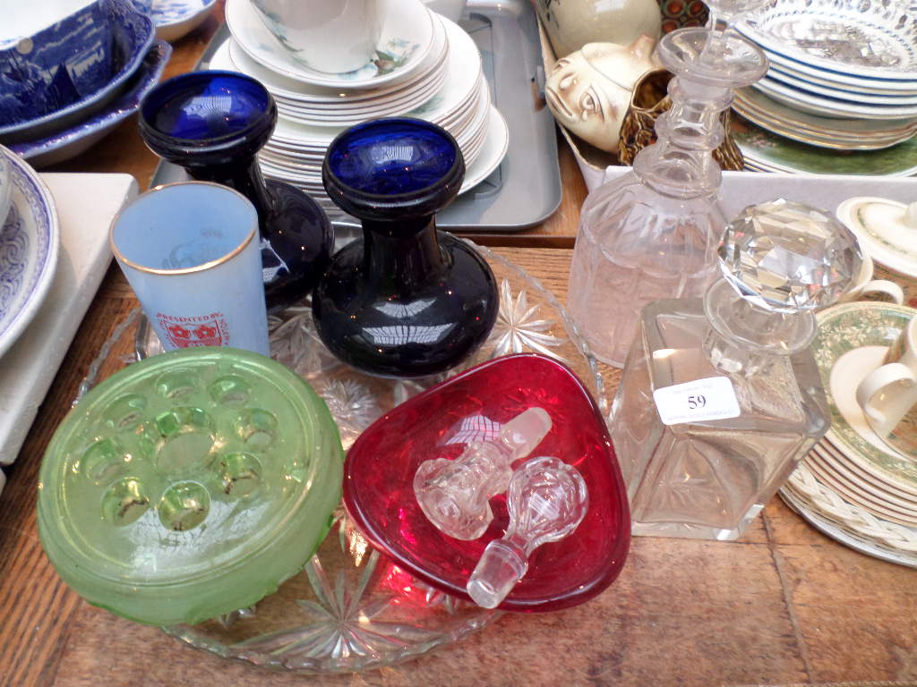 Sel. of mixed coloured Studio glass, port and spirit decanters etc.