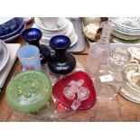 Sel. of mixed coloured Studio glass, port and spirit decanters etc.