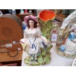 2 Victorian flatback Staffordshire fifures, 1 of a bonneted country lady holding a rabbit,