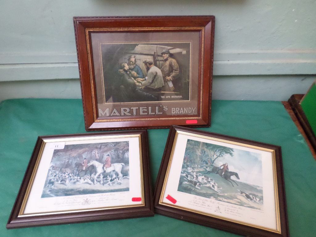 Framed Martel brandy print and 2 small framed hunting prints (Guide Price £8-£12) A VALUABLE