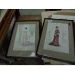4 framed watercolours each of Paris Ladies fashions of the mid-Victorian each in matching hogarth