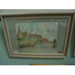 Cream framed watercolour of cottages beside church initialed F.E.H.