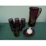 Most decorative purple ground Lemonade set of cylindrical jug and 6 glasses together with enamelled