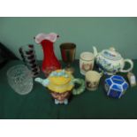 Magpie lot including comical Beswick and Masons teapots, studio glass,