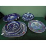 Selection of blue and white plates and bowls including a early coloured Copeland Spode Tower plate,