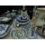 Large selection of blue and white plates from various factories, figurines etc.