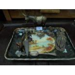 Hand painted dressing table plate with a sel. of metal bird and animal ornaments incl.