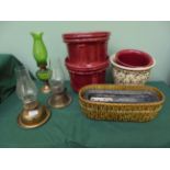 3 maroon bulb bowls and 3 others together with 3 brass based oil lamps,