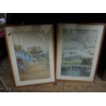 Pair of watercolours, one of pagoda and garden scene signed H.
