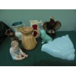 Magpie lot including Sylvac and Falcon ware jugs, Plymouth ware vase, green Sylvac Pekingese dog,