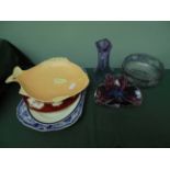 3 items of glass including an etched circular fruit bowl,