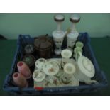 White ground decorative dressing table set (7 pieces), bakelite lidded keg and 2 smaller,
