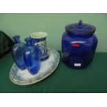 Large Cobalt blue glass lidded storage jar, 2 green patterned oval meat dishes,