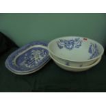 2 blue and white willow patterned meat chargers,