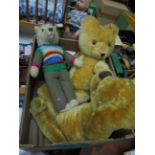 Box containing two teddy bears and Algie the bear with striped waistcoat
