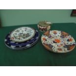 3 early cobalt blue surround ironstone plates,