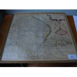 Early Christopher Saxton coloured map of the County of Lincolnshire in gilt frame