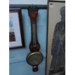 Inland mahogany banjo barometer, steel dial inset thermometer dial (ex. A.