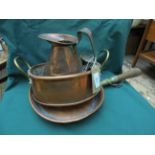 Copper wooden handled frying pan, brass handled oval pan, copper water jug etc.