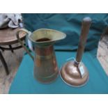 Short handled copper posher and a brass and copper water jug