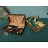 Boxed 3 piece tortoiseshell brush set and a cutlery box with bone handled stainless steel knives