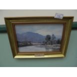 Small gilt framed copy oil on board of a Highland Salmon Pool after A. De.