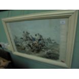 Painted framed French coloured print of the Chassie Au Lyon (heavily water marked)
