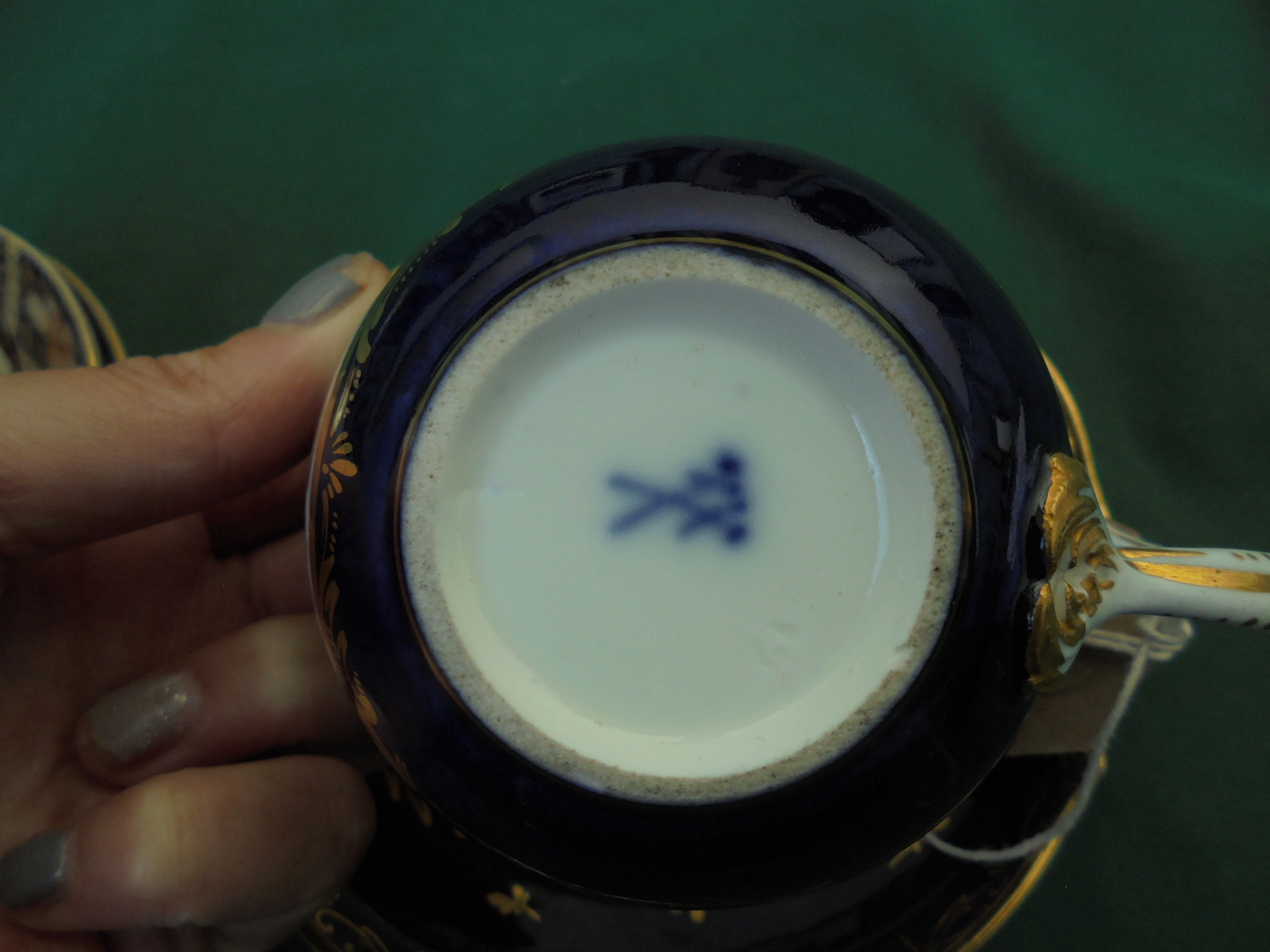 Pair of early Crown Derby cups and saucers and a cobalt blue ground Meissen cup and saucer inset - Image 3 of 5