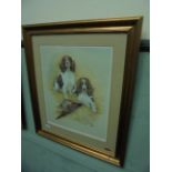 Gilt framed signed limited edition print of a pair of liver and white Spaniels beside their