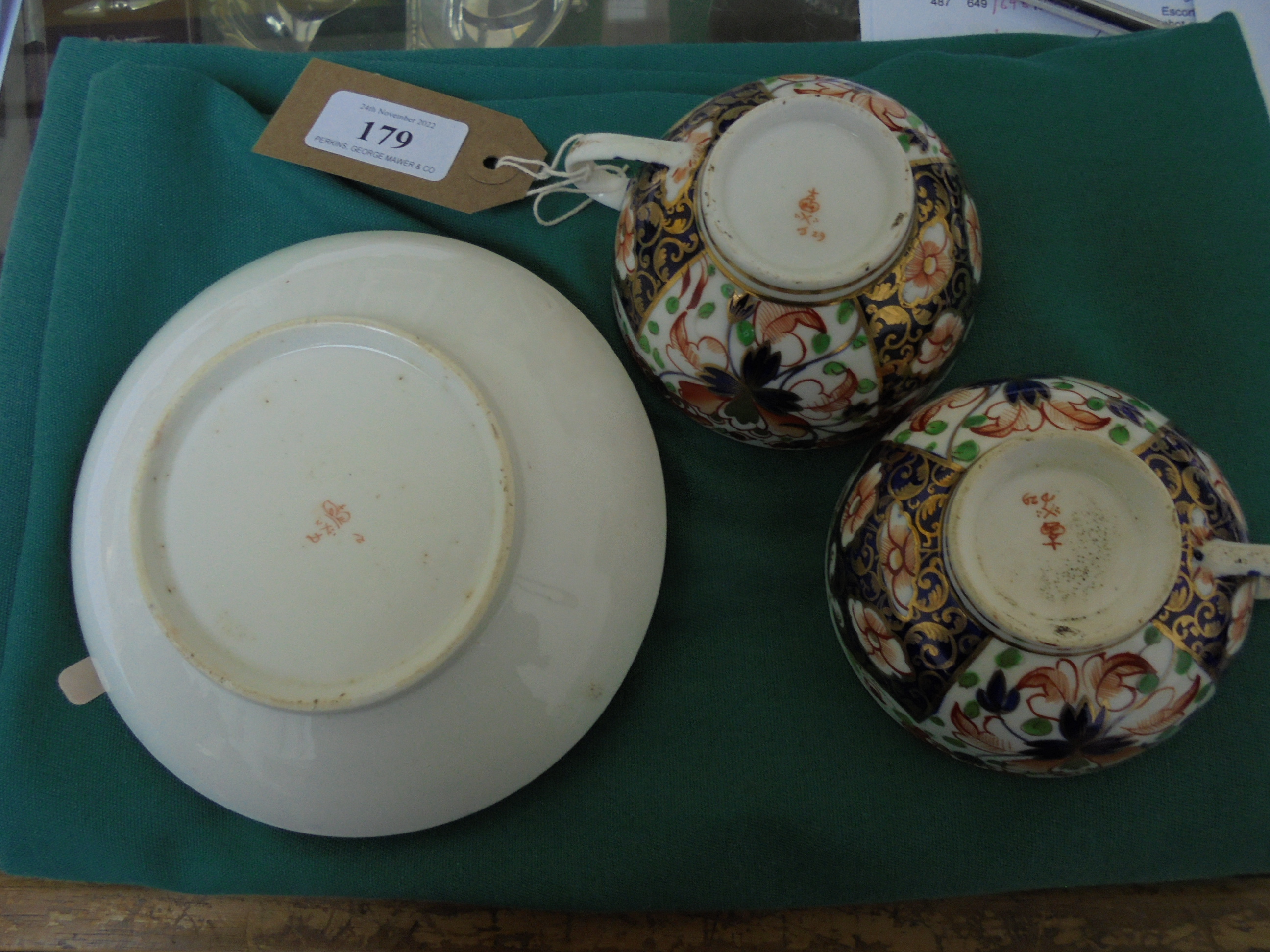 Pair of early Crown Derby cups and saucers and a cobalt blue ground Meissen cup and saucer inset - Image 5 of 5