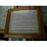 Maple framed sampler alphabet embroidery dated 1870