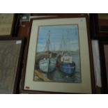 Framed watercolour by Ann Turner of fishing vessels at Grimsby Dock