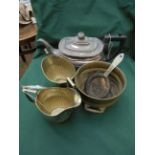 Plated fluted teapot with black bean handle to lid almost matching sugar basin and milk jug