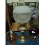 Brass oil lamp with ornate domed etched part clouded glass shade