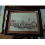 Framed drawing of fishing boats at Grimsby quayside