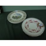 Pair of Minton white ground and cerise stalk 'ribbon' plates and 4,