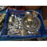 Large sel. of plated tableware, plated goblets, small ale tankard, Stork ornament etc.