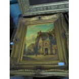 Oil on board of street scene at church entrance signed Fejan in ornate gilt frame (15 1/2" x 11