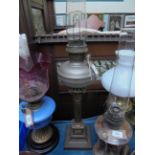 Oil lamp with plated bowl corinthian column on square plinth with shaped glass flue