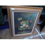Gilt framed still life oil on canvas of a bowl of mixed flowers