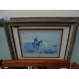 Blue ground print of horseback rider with wagon behind "wagon boss" by Charles Marion Russell in