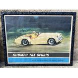 A large original 1959 advertising poster for the Triumph TR3, in an unusual carved wooden frame.