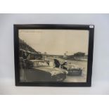 A framed and glazed black and white photograph of a Bristol Aceca and an AC Ace, 1956 Silverstone