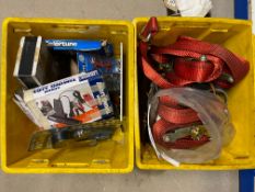 A quantity of ratchet straps and ties plus a box of workshop equipment, some new.