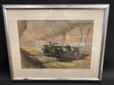 A framed and glazed original artwork of a vintage W.O. Bentley being driven at speed, signed lower