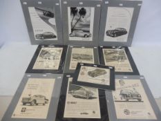 A selection of period advertisements relating to Jaguar and MG, mounted for display.