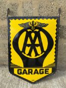 A pair of AA Garage enamel signs by B.B. Kent mounted back to back in original hanging frame, good