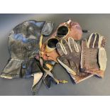 A Retro-Pilot leather flying/racing helmet, a pair of driving gloves and a pair of goggles.