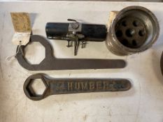 A Humber hub nut spanner, a Bentley 3 or 4 1/2 litre spanner, rear hub puller and a vacuum wiper