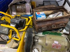 a quantity of workshop tools and equipment including a bench grinder.